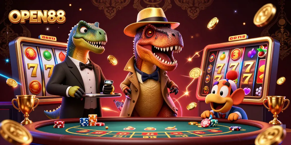 Experience the thrill of OPEN88 with a vibrant 3D casino scene featuring dynamic slot reels and playful characters.