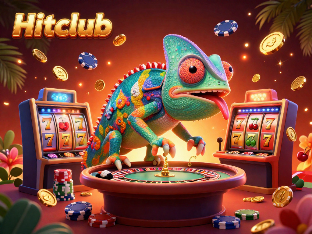 Hitclub casino owners attract attention with vibrant slot reels and golden coins in animated illustration.