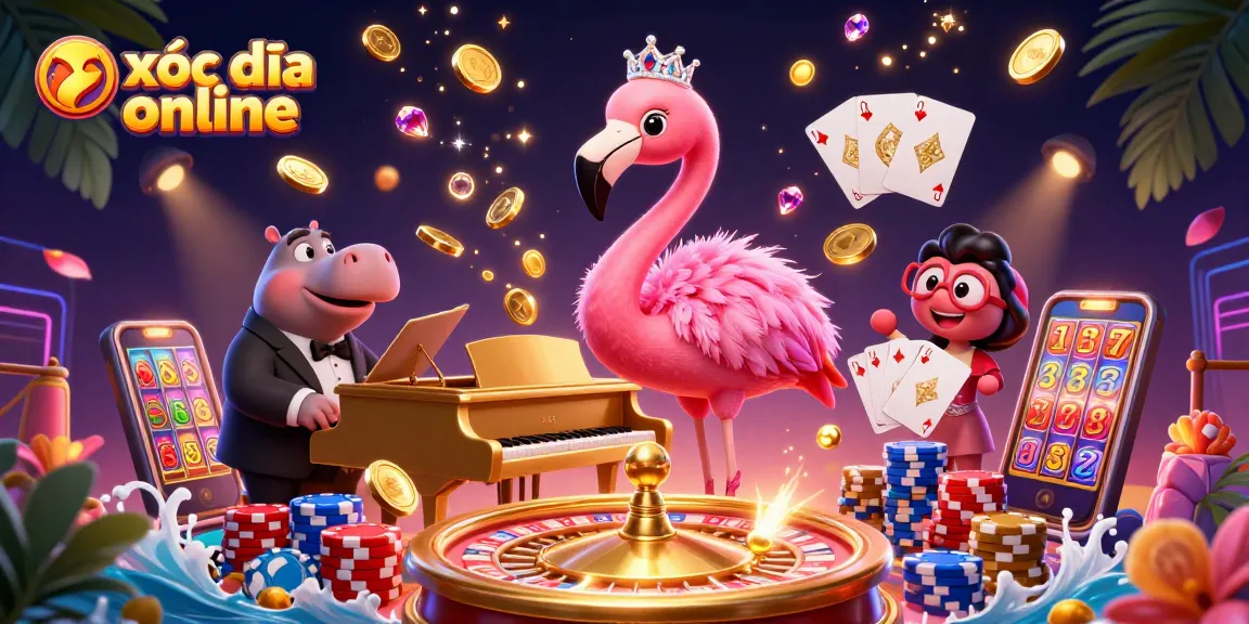 Xóc đĩa online features a lively scene with a flamingo singer, hippo bassist, and casino elements.