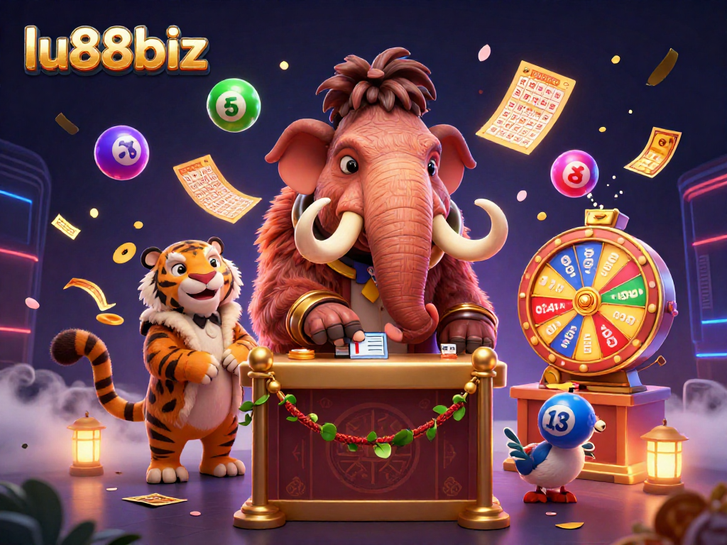 Join the excitement at lu88biz with a vibrant 3D casino scene showcasing colorful games and characters.