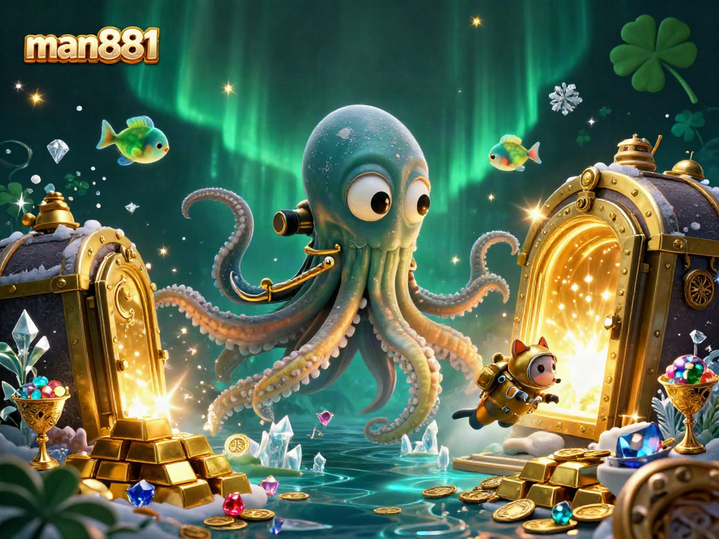 Engage with the dynamic world of man881, featuring a cartoon kraken, diving cat, and treasure, showcasing thrilling gambling elements.