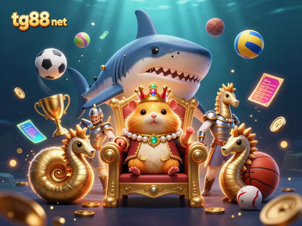 Experience the thrill of sports betting with tg88 net, featuring a dynamic underwater scene with a golden hamster king and seahorse guards.