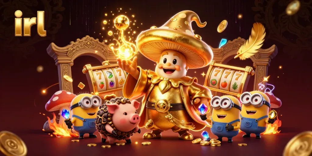 Experience irl casino magic with a golden mushroom wizard and treasure in a vibrant gaming scene.