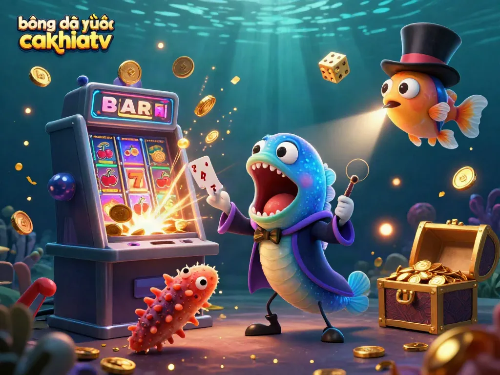 Experience bóng đá trực tuyến cakhiatv with a thrilling 3D casino scene featuring magical sea creatures and vibrant slot game elements.
