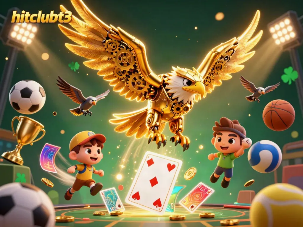 Experience exhilarating gameplay at hitclubt3 with a vibrant 3D illustration of a golden eagle and dynamic sports elements.