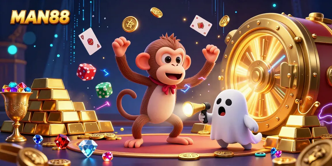 Experience thrilling gambling action at MAN88 with golden treasures and playful characters in a stunning casino scene.