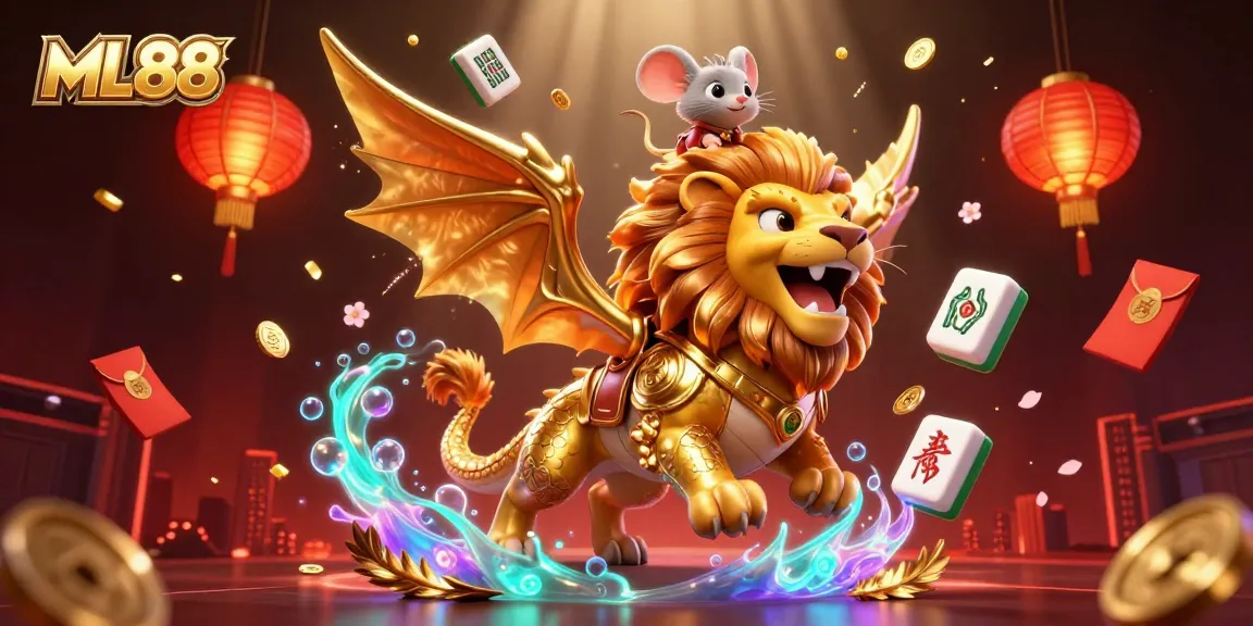 Engage with ML88's vibrant casino-themed world featuring a roaring chimera and lucky game elements.