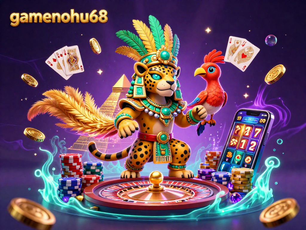 Experience the excitement of gamenohu68 with vibrant 3D casino elements featuring a jaguar priest and colorful game icons.