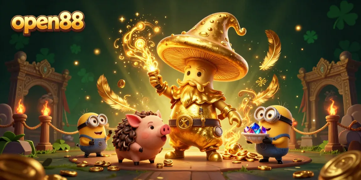 Engage with open88's thrilling world of gaming, featuring the magical golden mushroom wizard and treasure-seeking companions.