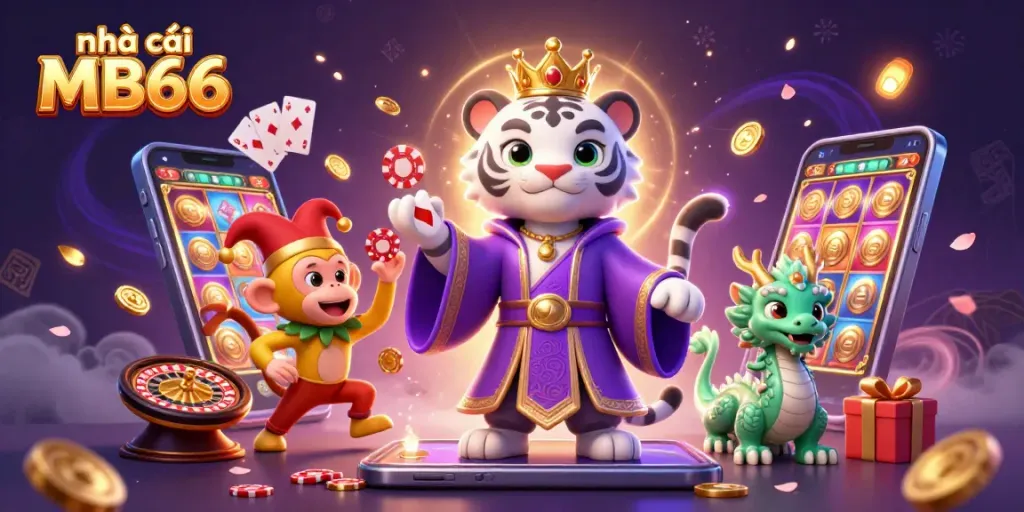 Engaging illustration of nhà cái MB66 featuring a regal tiger and lively monkey amidst vibrant casino elements.