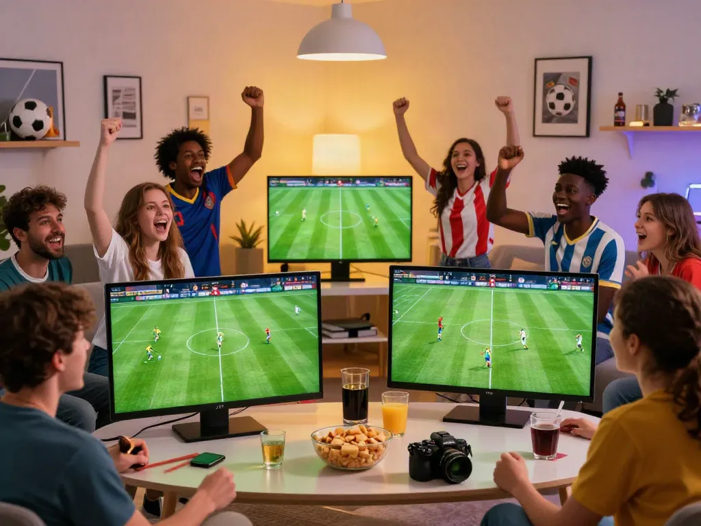 Socolive users enjoy a thrilling soccer match together in a cozy living room filled with snacks and excitement.