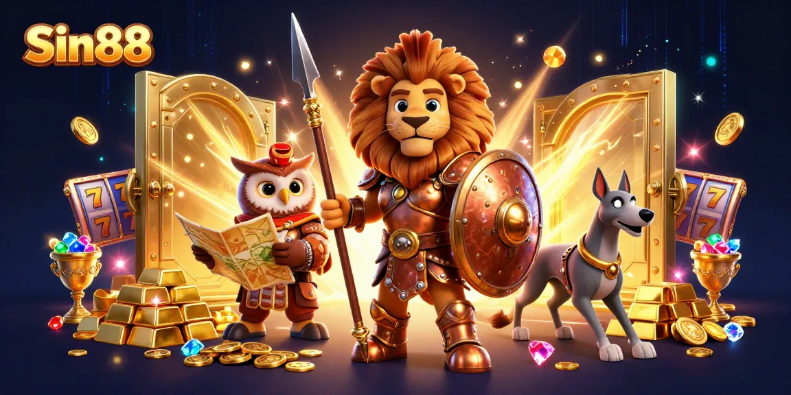 Sin88 captures thrilling gameplay with a Spartan lion, tactical owl, and swift greyhound in a vibrant casino scene.