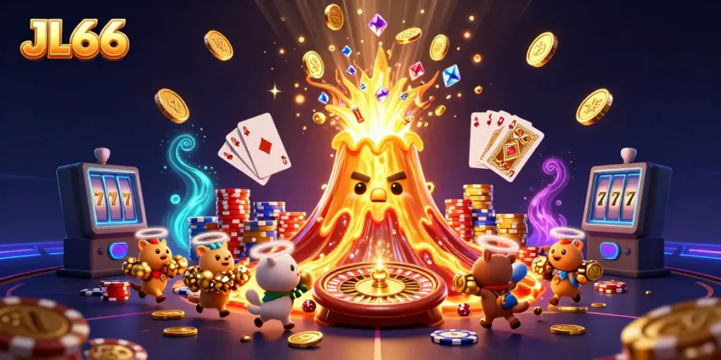 Experience the thrill of JL66 casino with golden volcano, treasure, and vibrant gaming elements.