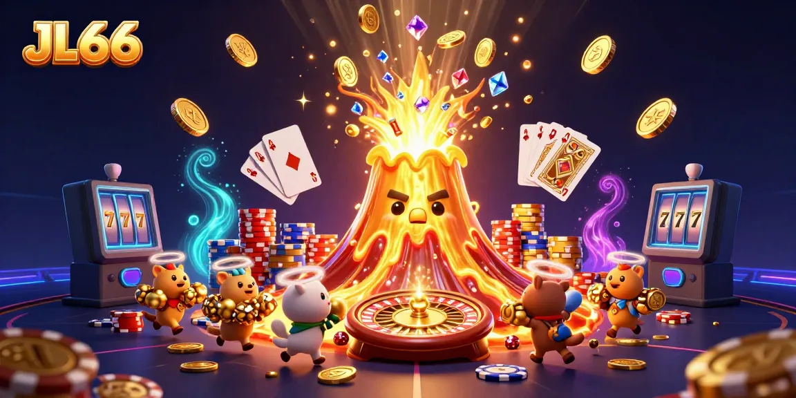 Experience the thrill of JL66 casino with golden volcano, treasure, and vibrant gaming elements.