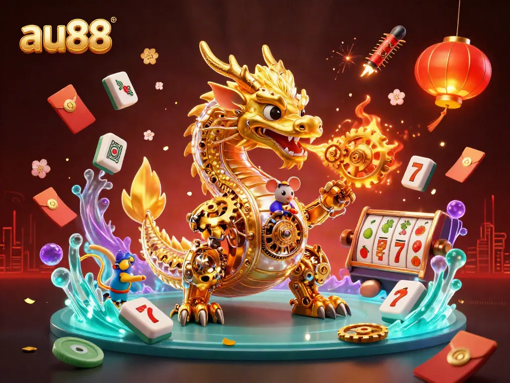 Experience the thrill of au88 with a colorful casino illustration featuring a golden dragon and gaming elements.