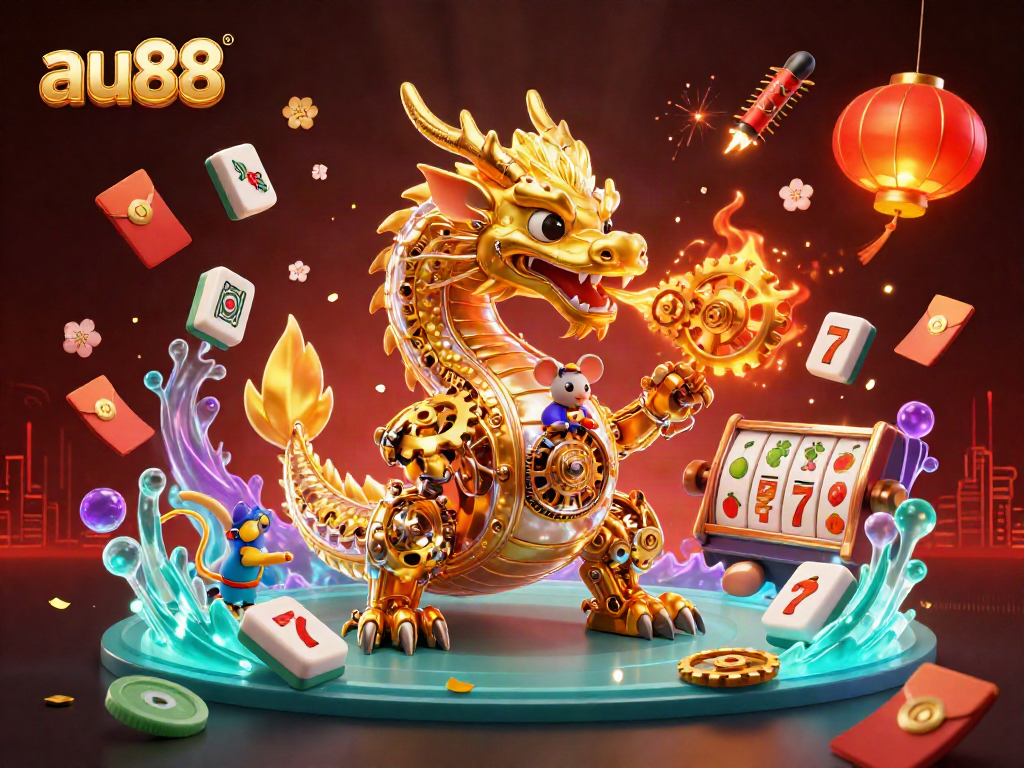Experience the thrill of au88 with a colorful casino illustration featuring a golden dragon and gaming elements.