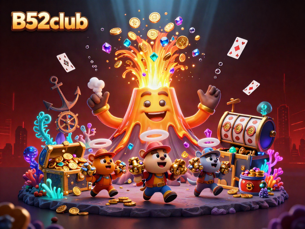 B52club rewards players with a vibrant scene of a golden volcano, treasure, and dynamic casino elements.