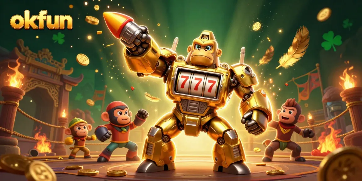 Experience thrilling casino action with okfun featuring a golden gorilla mech and dazzling game elements.
