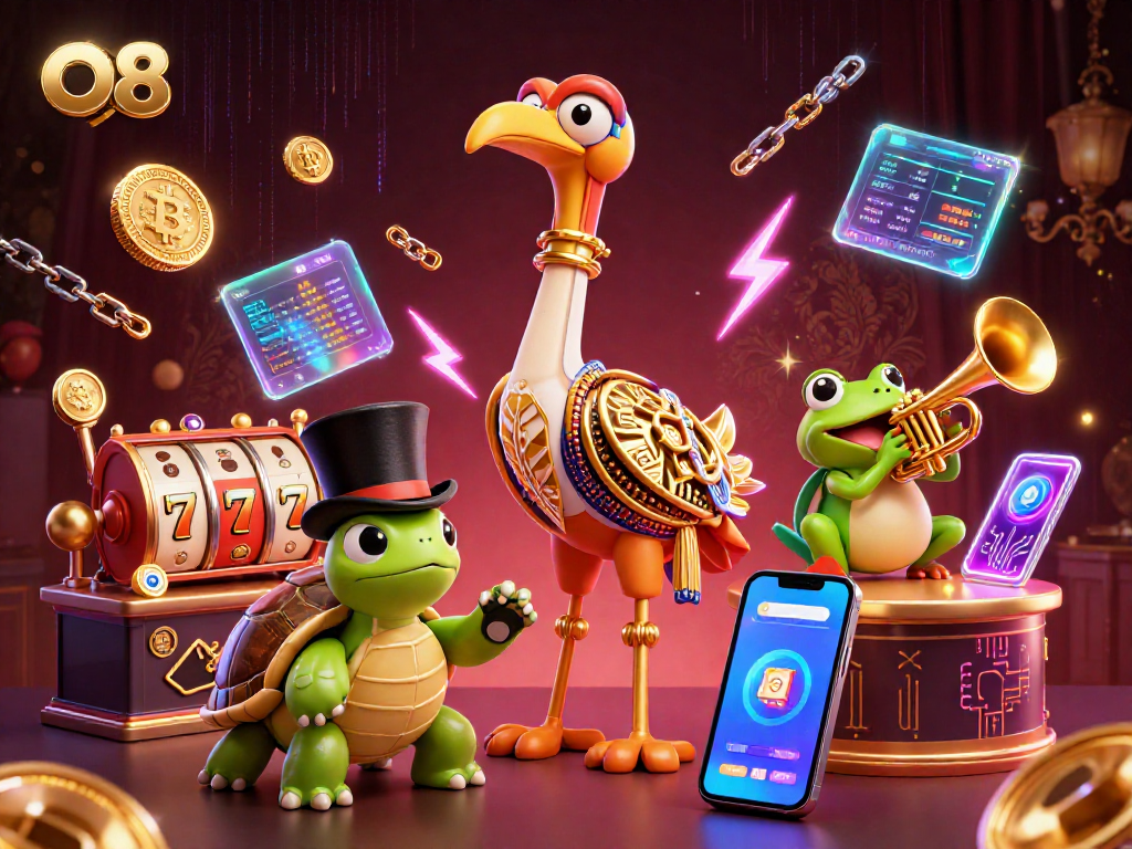 O8 players experience engaging slot action with vibrant characters and crypto elements in a casino setting.