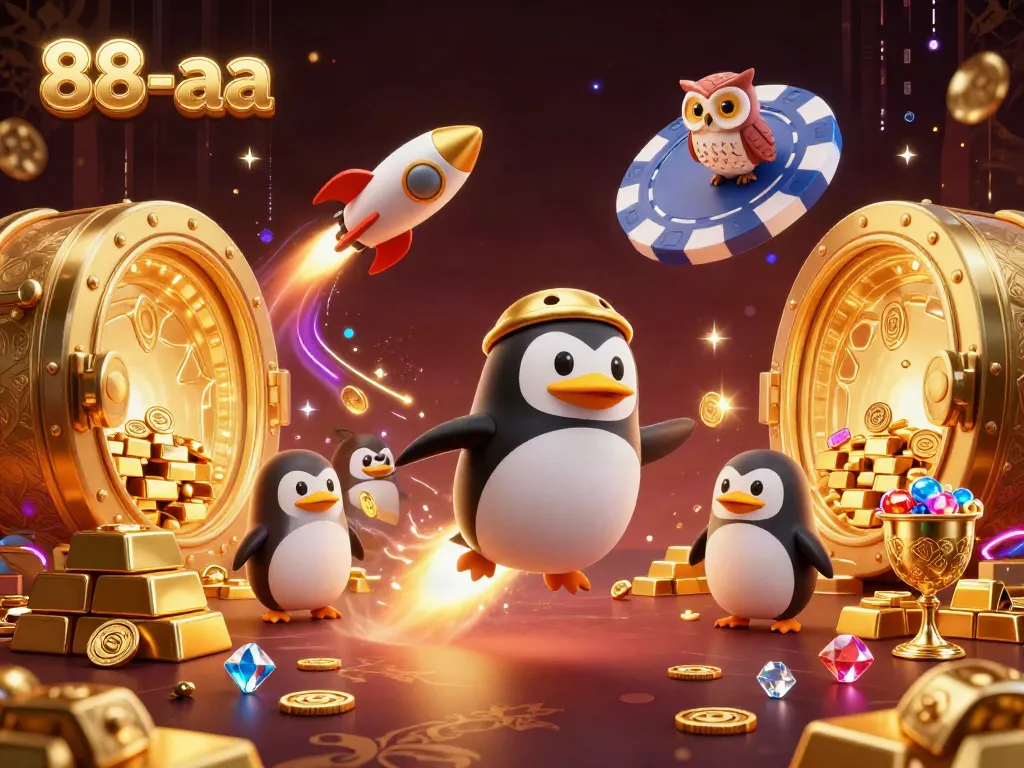 Win big with 88-aa at the casino featuring a golden penguin and poker chip space station!