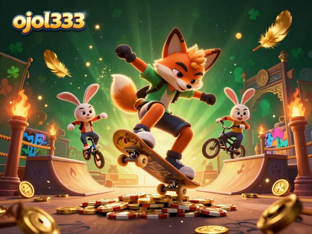 ojol333 showcases a thrilling casino scene with a skateboarder fox and BMX rabbit, surrounded by vibrant gaming elements.