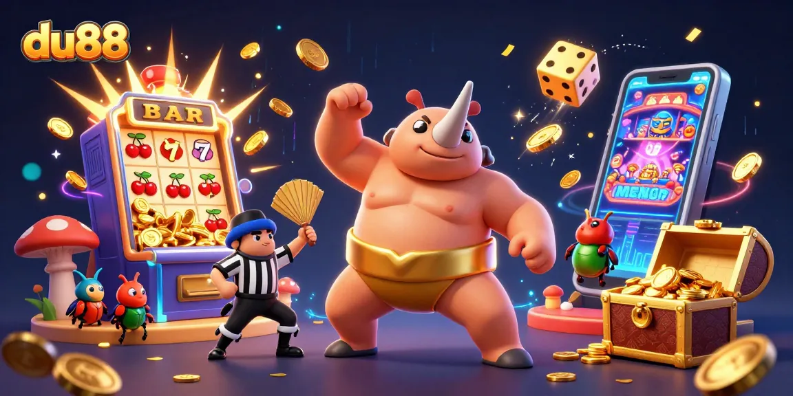 du88 slots scene featuring a sumo champion beetle, coins flying, and a slot machine explosion
