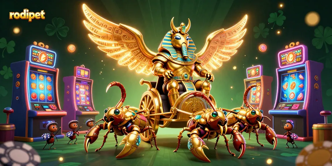 Experience the excitement of rodipet in a vibrant, dynamic casino scene filled with colorful slot machines and playful characters.