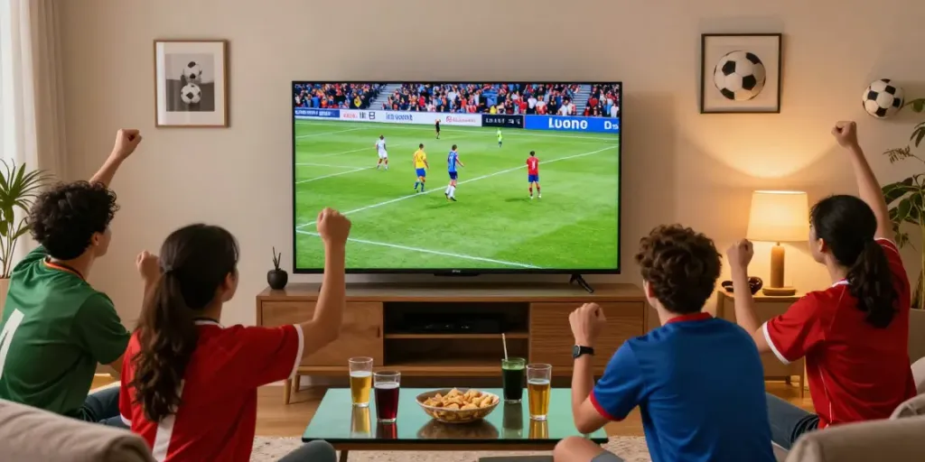 Fans watching a live football match on Xoilactv in a vibrant living room, celebrating the game.