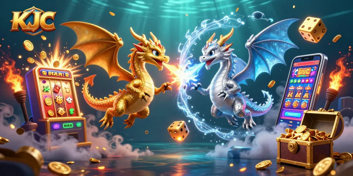 KJC offers exciting casino adventures through dynamic game visuals featuring colorful slot machines and playful dragons.