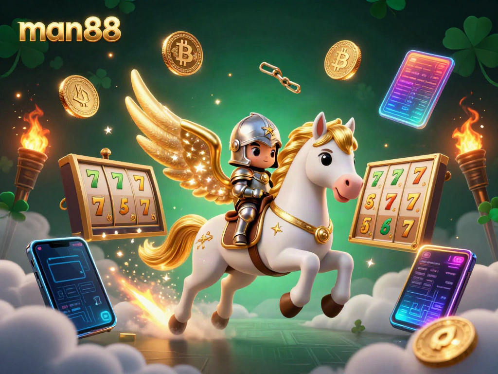 Experience the excitement of man88's casino gaming with a celestial horse, knight, and vibrant slot reels.