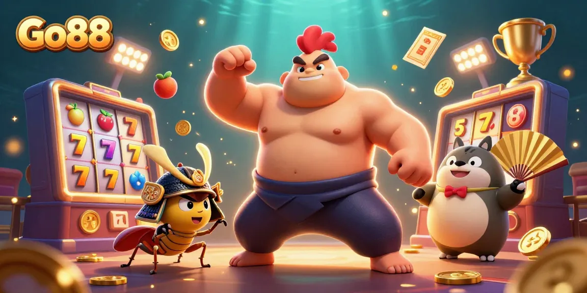 Go88's dynamic slots gaming scene features a powerful sumo wrestler, cricket, and tanuki, surrounded by vibrant gaming elements.