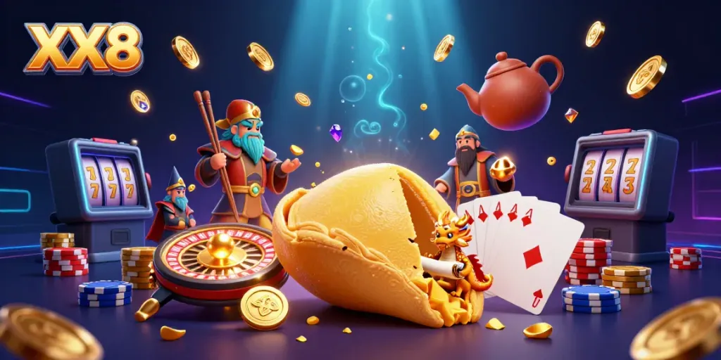 Experience thrilling wins at XX8 with vibrant fortune and casino elements in a magical scene.