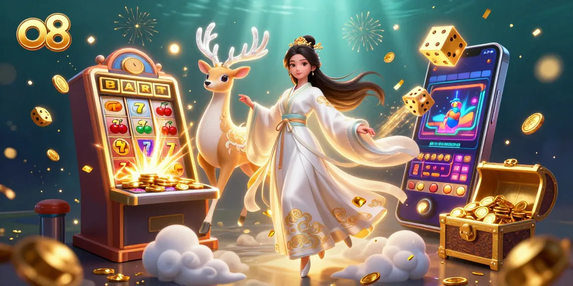 Experience thrilling games at O8 with a dynamic scene featuring slots, jackpots, and exquisite visuals.
