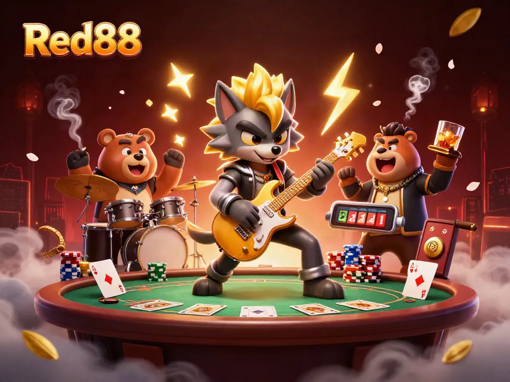 Experience excitement at Red88 with animated characters on a vibrant casino stage.
