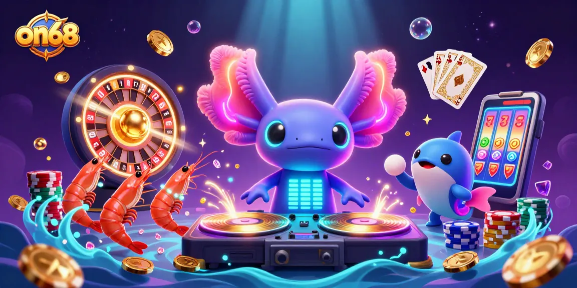 Witness the vibrant on68 gaming scene featuring an axolotl DJ and lively gaming elements.