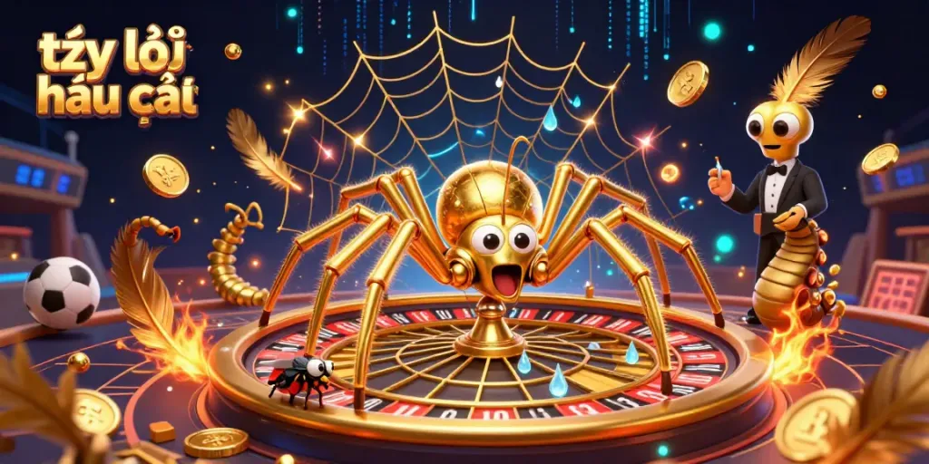 Exciting visual of tỷ lệ nhà cái with a dynamic spider and croupier at a roulette-inspired scene.