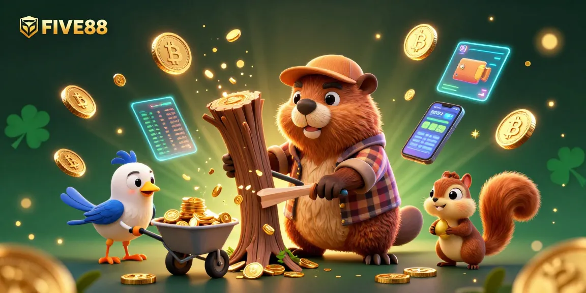 Join FIVE88’s exciting world as the cartoon lumberjack beaver thins the tree while coins rain down!