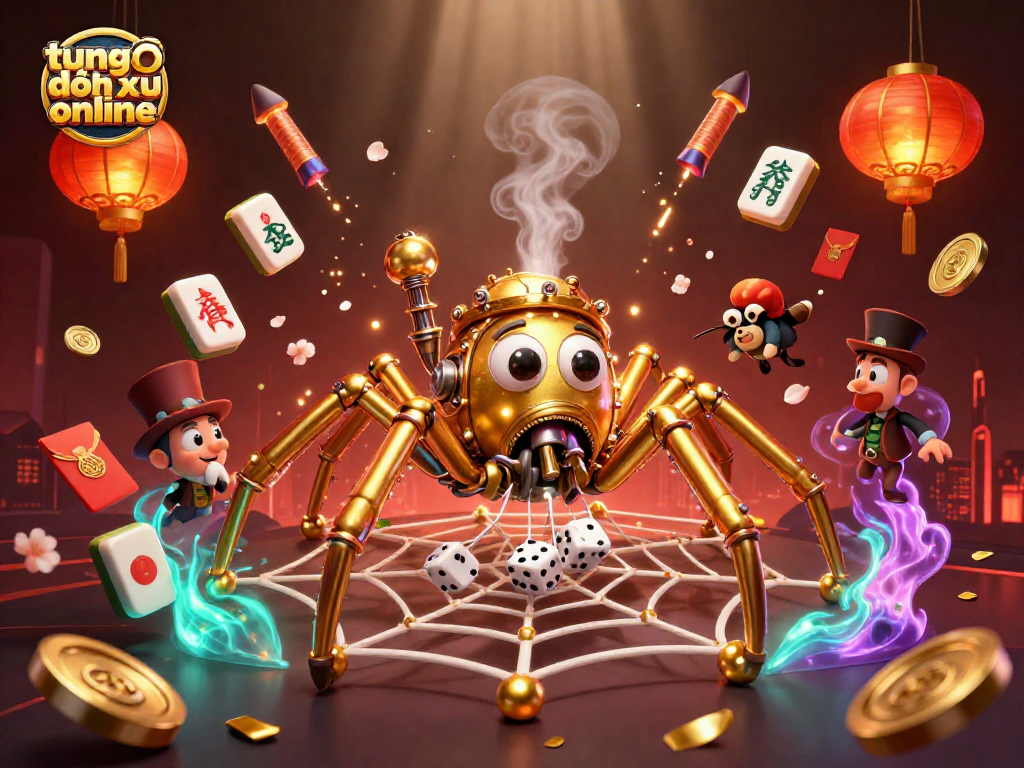 Experience the thrill of tung đồng xu online with a dynamic scene filled with 3D characters and vibrant casino elements.