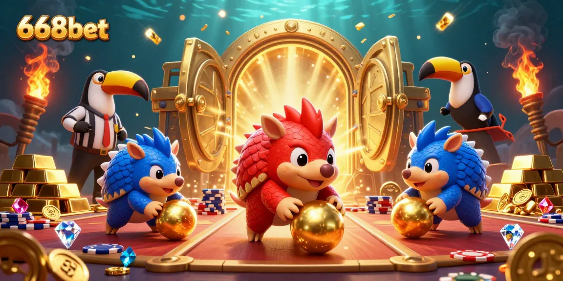 Engage in thrilling 668bet casino experiences with cartoon pangolins bowling golden balls amidst poker chips.