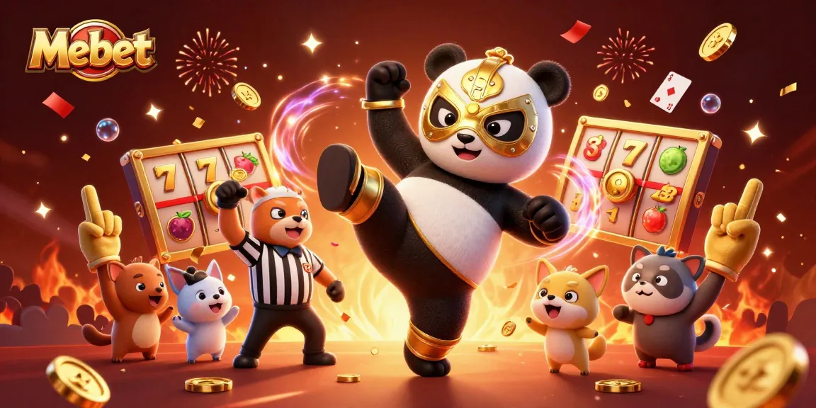 Mebet showcases a animated panda wrestler in action, surrounded by playful casino elements, creating an engaging scene.
