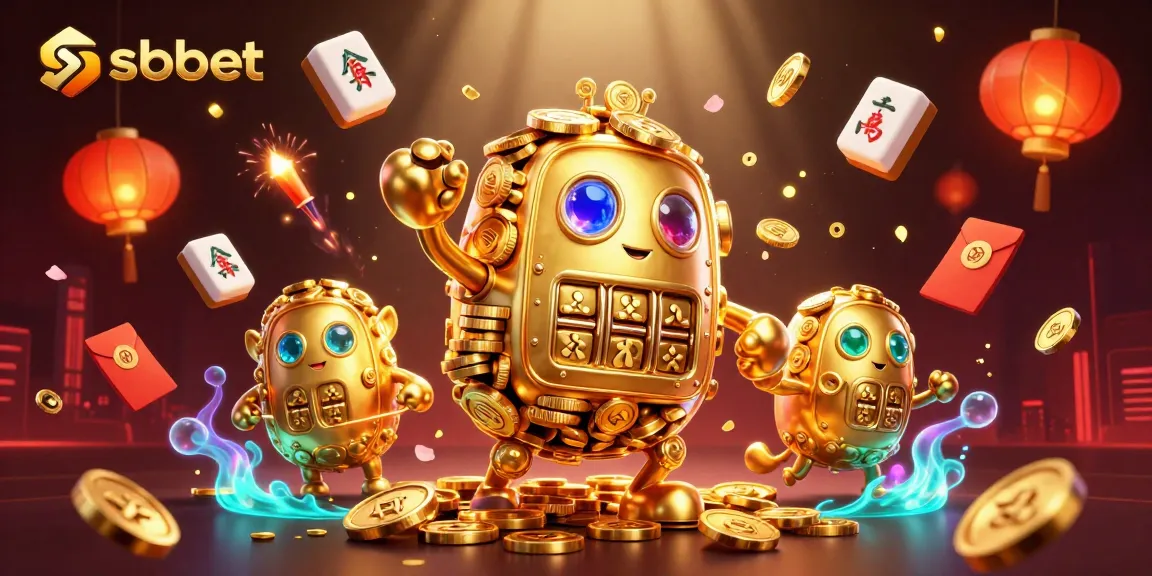 Experience sbobet betting excitement with vibrant golden golem and festive elements in a captivating digital illustration.