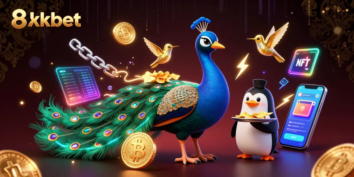 Experience the excitement of 8xbet's online games with vibrant 3D illustration featuring a peacock, butler penguin, and hummingbird.