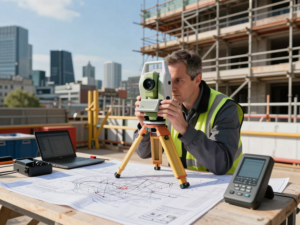 Topographical Survey London with a professional surveyor using advanced laser scanning technology at a construction site in London.
