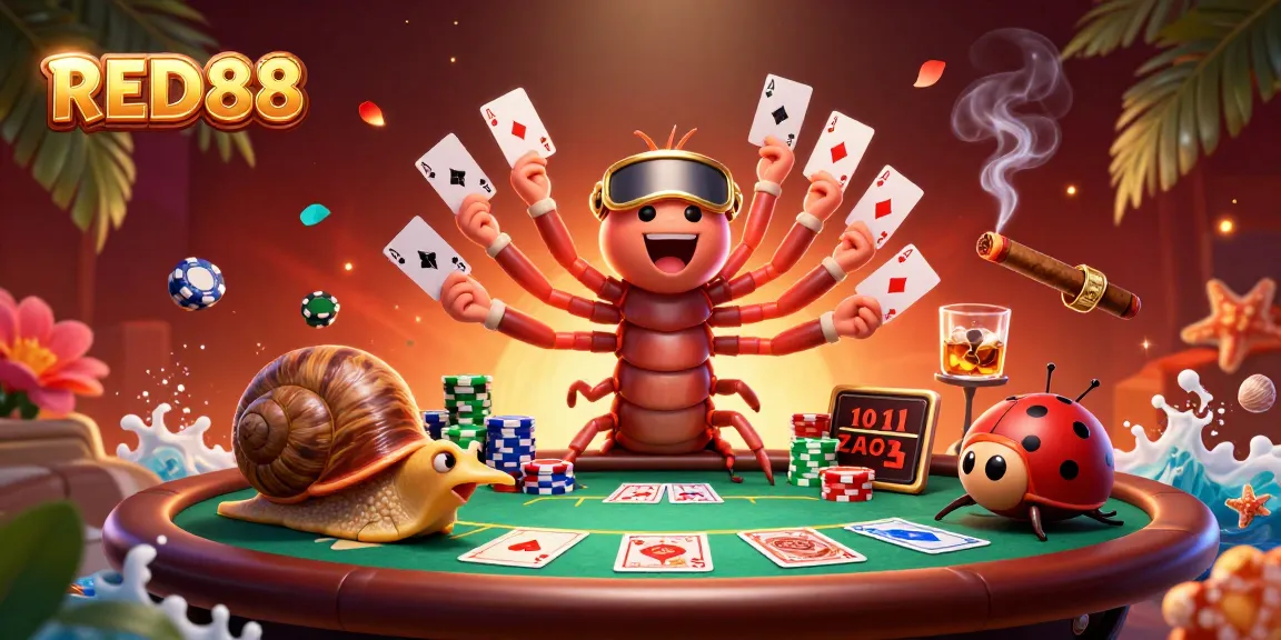 Engage in riveting gameplay at RED88's energetic casino scene with vibrant characters and colorful chips.