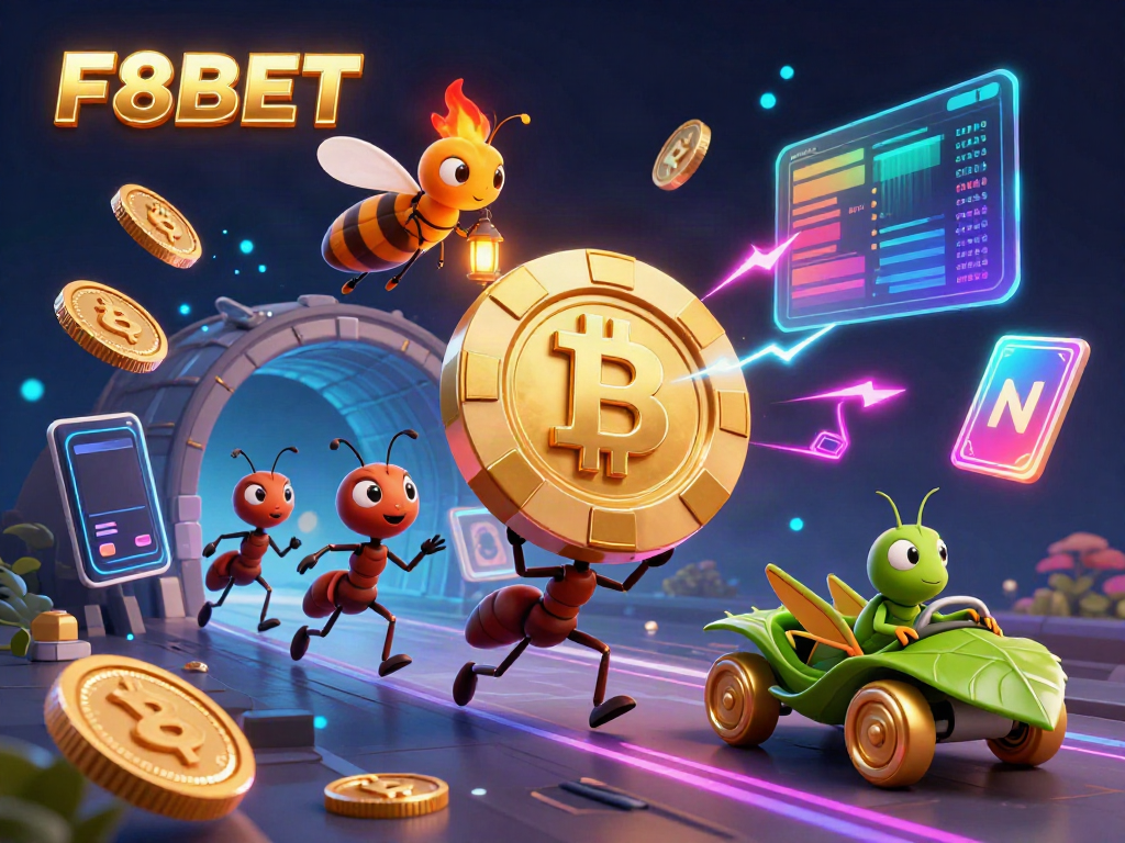 Gamblers embark on a golden heist in a vibrant F8BET casino scene featuring crypto and gaming elements.