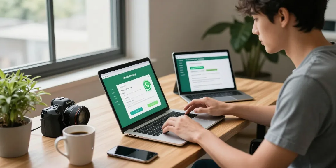 WhatsApp下載 process depicted in a modern tech workspace with user engaged on laptop and smartphone.