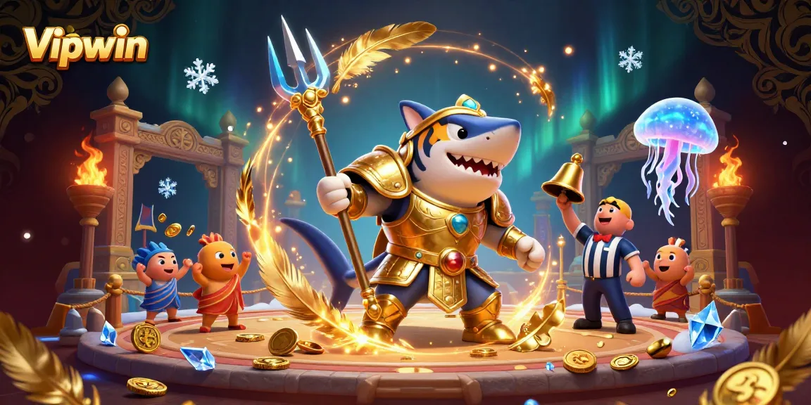Experience the thrill of Vipwin with a dynamic underwater colosseum battle featuring a golden gladiator shark.