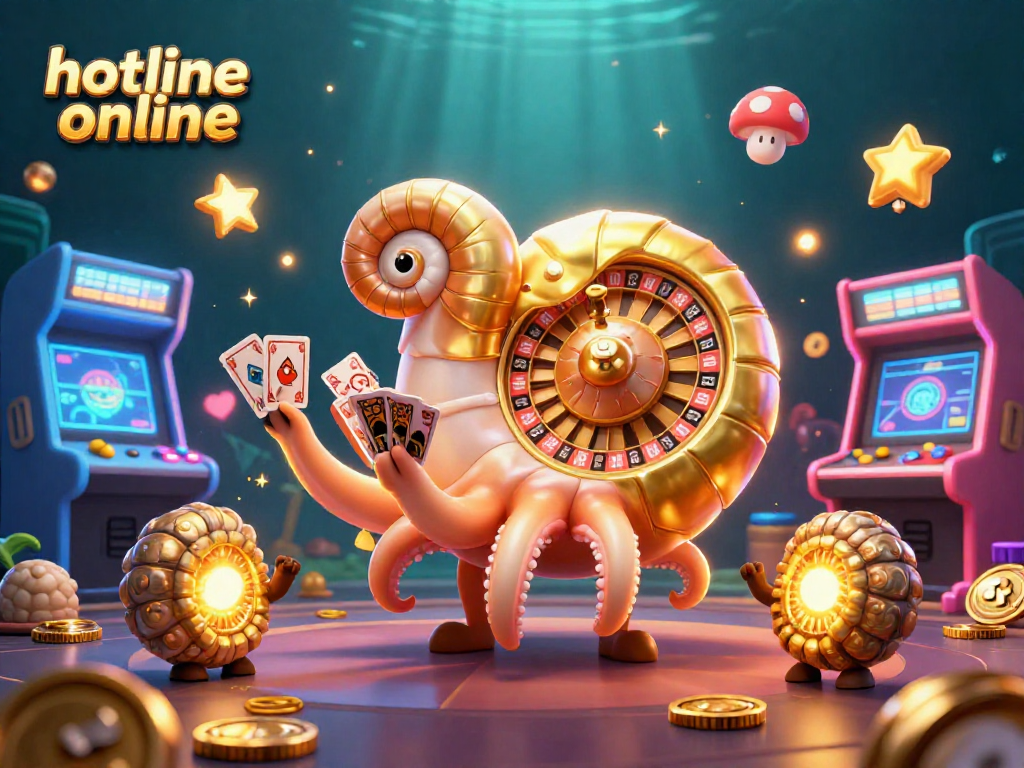 Engage with hotline online for thrilling gaming experiences, featuring a dynamic 3D nautilus and casino elements.