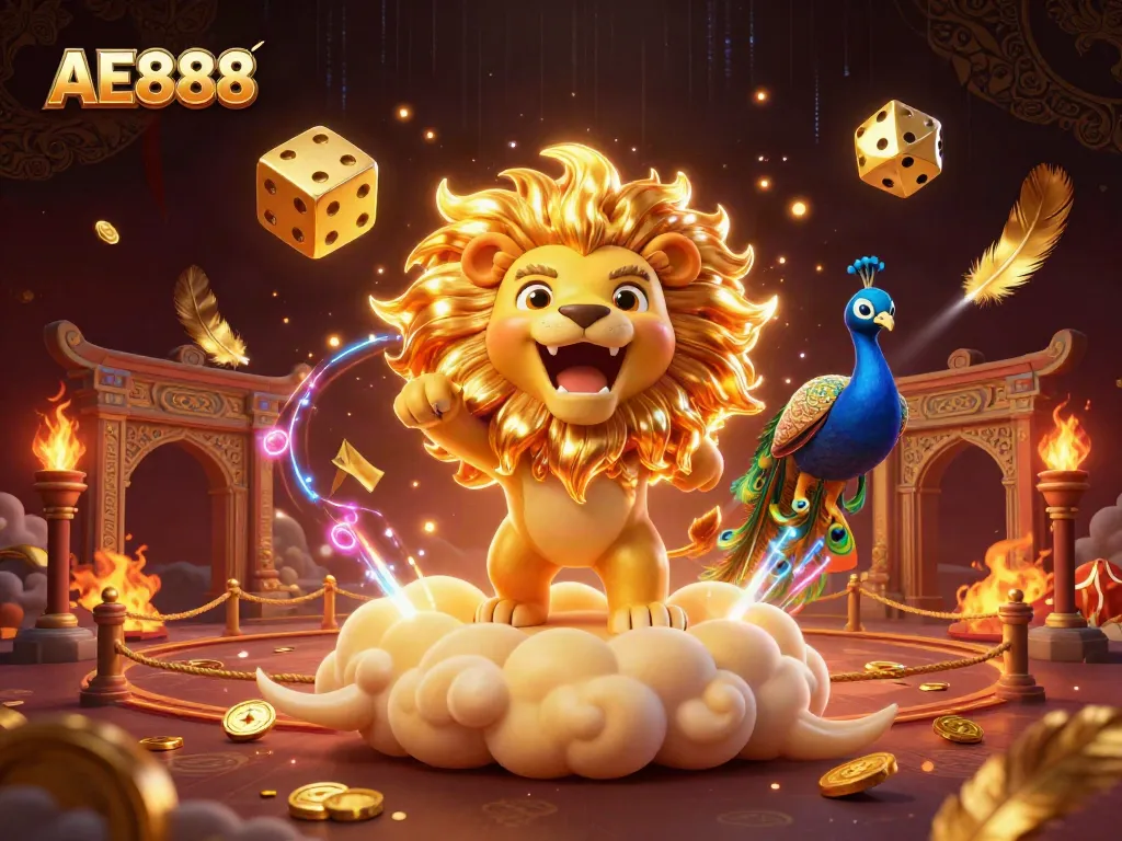 Experience the thrill of AE888 Casino with stunning 3D visuals of a golden lion and dynamic gaming elements.