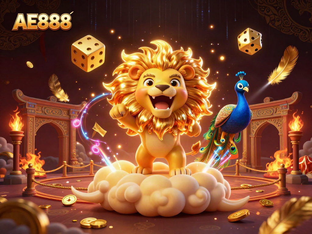 Experience the thrill of AE888 Casino with stunning 3D visuals of a golden lion and dynamic gaming elements.